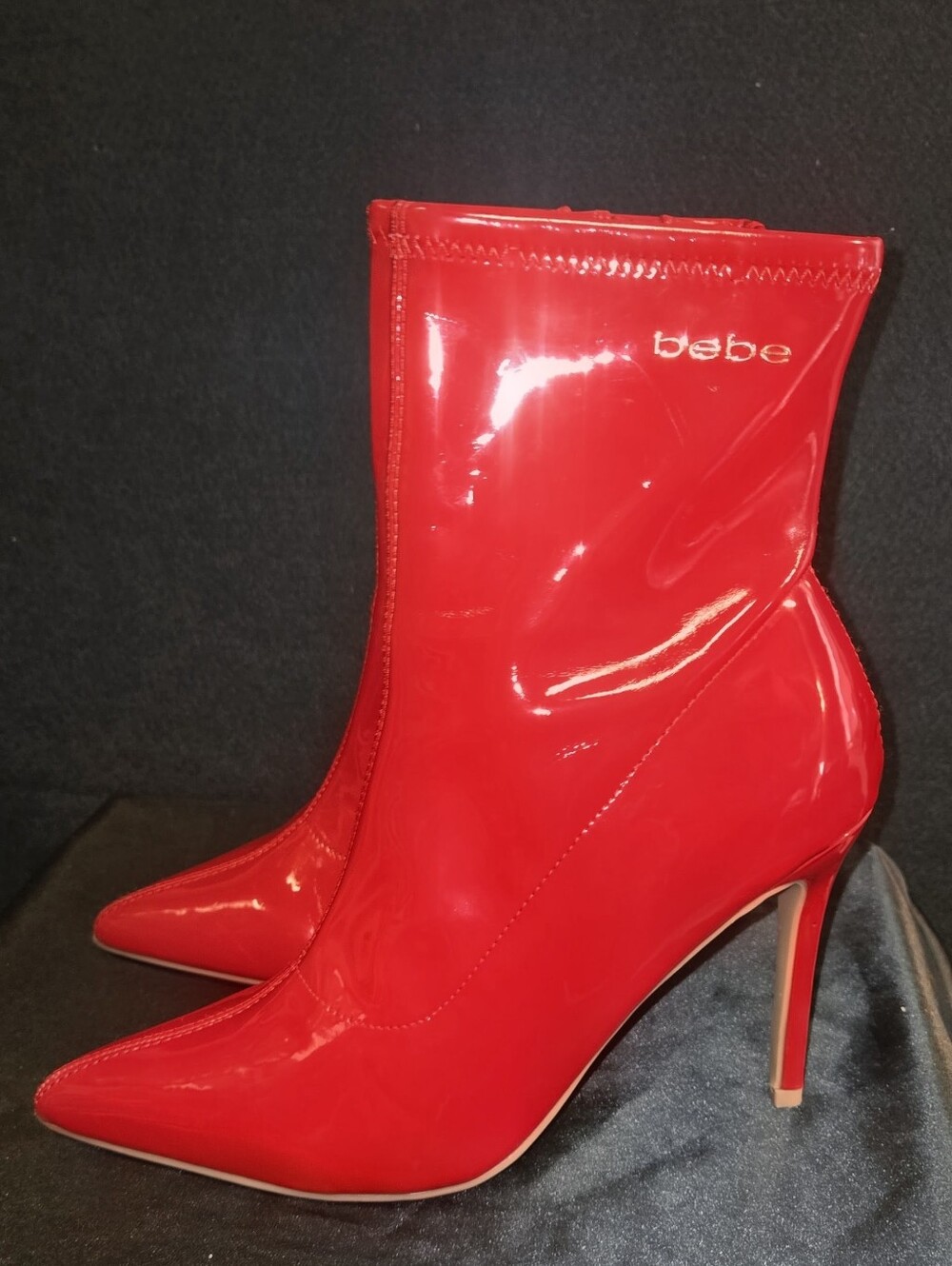 bebe Red Patent Pointed-Toe Stiletto Ankle Boots